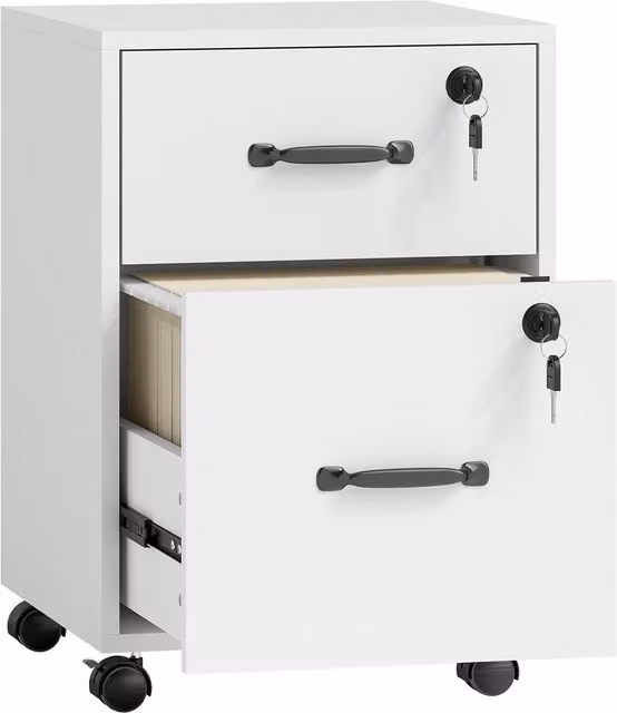 Schedario da ufficio HOMCOM con 2 cassetti e ruote con freno, cassettiera per formato A4, Bianco, L 40 cm x P 40 cm x H 54.1 cm