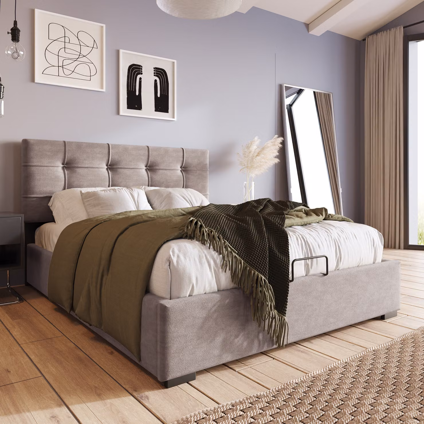 Letto imbottito STILVORA 90x200 cm con contenitore idraulico, cassettone e rete a doghe con struttura in metallo, grigio chiaro (materasso escluso)