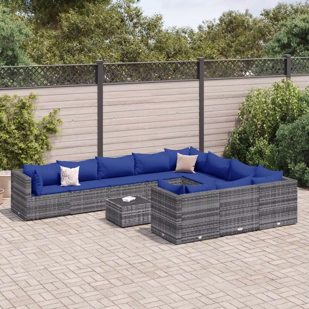 vidaXL Set Divani da Giardino 11 pz a Forma a U con Cuscini e Tavolino, Polyrattan e Metallo, Grigio e Blu