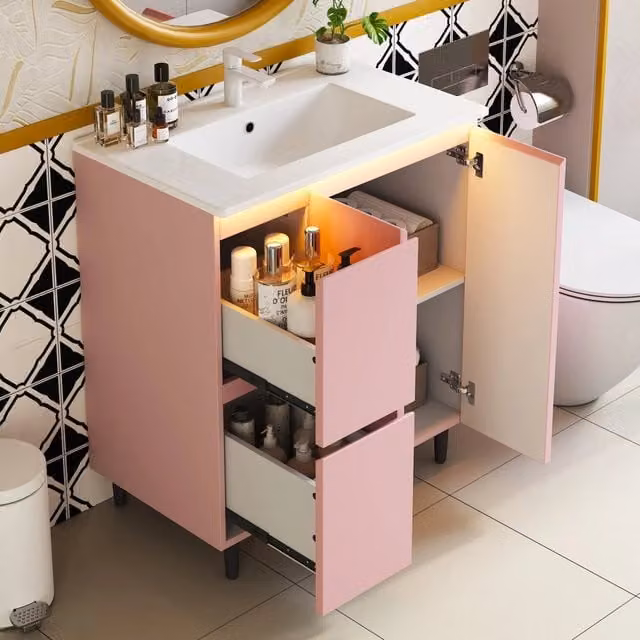 Mobile Sottolavabo a Terra con Lavabo Integrato e LED ¨C Minimal ¨C Rosa 76x47x89cm Legno Multistrato Chiusura Soft-Close