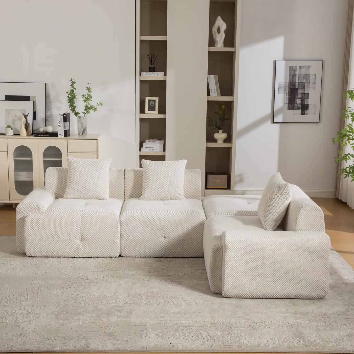 Divano modulare imbottito, in tessuto chenille, con imbottitura in schiuma 30D, facile da spostare, con base antiscivolo (beige)