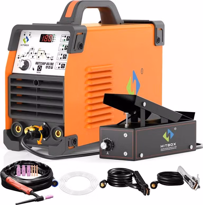 Saldatrice inverter WIG/TIG/MMA - HBT250P AC/DC - TIG per alluminio - Pulsazione - Accensione HF - 2T/4T - Pedale - 220 V - Oro