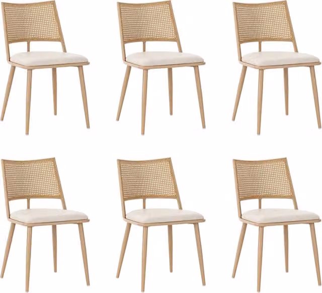 Set di 6 Sedie da Pranzo con Seduta in PU e Schienale in Rattan Beige