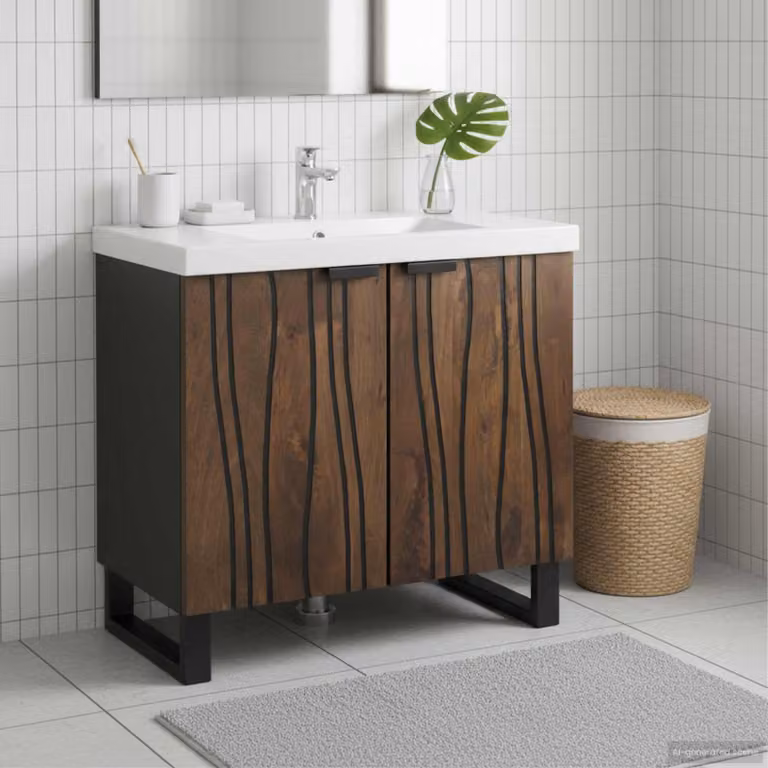 Armadio per lavabo da bagno moderno vidaXL in legno e metallo, colore mango e nero, L: 62 cm, P: 33 cm, H: 58 cm