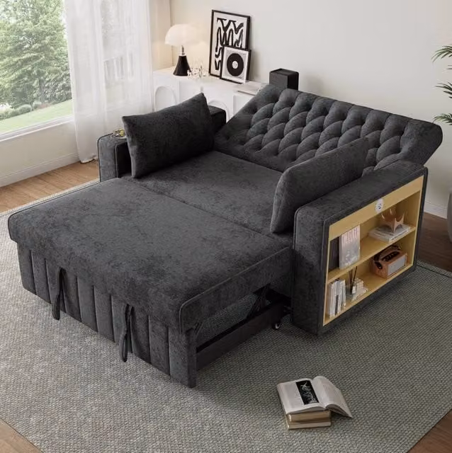 Divano letto 2 posti convertibile con schienale reclinabile a 3 posizioni; in chenille grigio; 140x137x84 cm