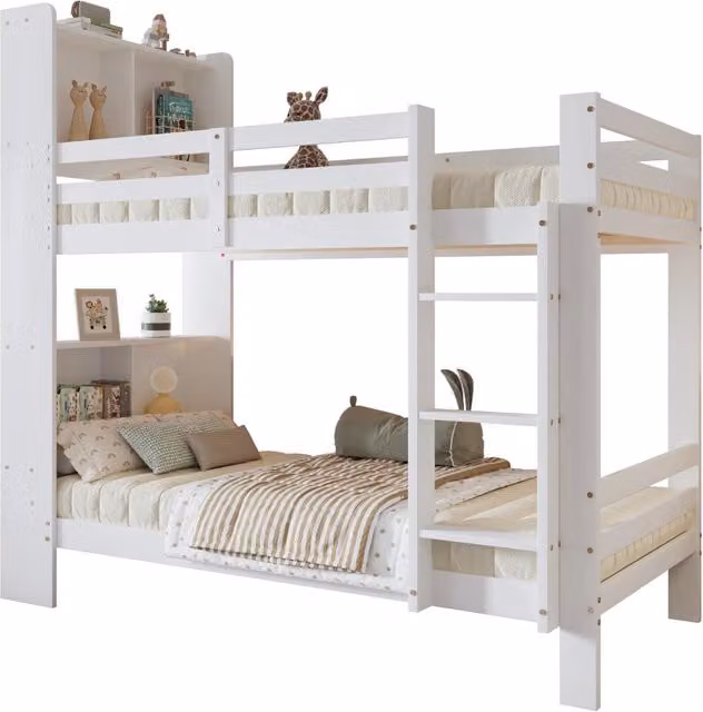 Letto a castello 90 × 200 cm 2 posti con mensole e scala a 3 gradini, senza materasso, bianco in legno