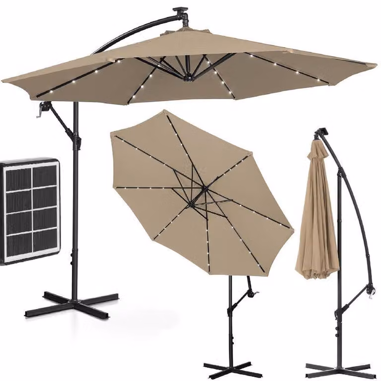 Ombrellone da giardino con illuminazione a LED – Ombrellone a braccio oscillante e ombrellone con palo, entrambi con pannello solare – Diametro circa 300 cm