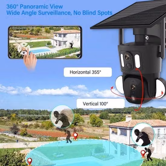 Telecamera di sorveglianza esterna a doppia lente con alimentazione solare, risoluzione 8MP, vista notturna a colori 360°, rotazione 355°, rilevamento umano AI e comunicazione a due vie, WiFi, colore nero