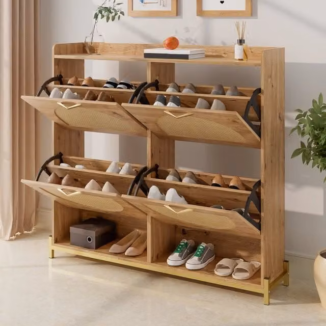 Scarpiera salvaspazio in stile scandinavo con 4 ante in rattan e struttura in MDF e metallo, colore marrone, H 100 x L 24 x P 24 cm