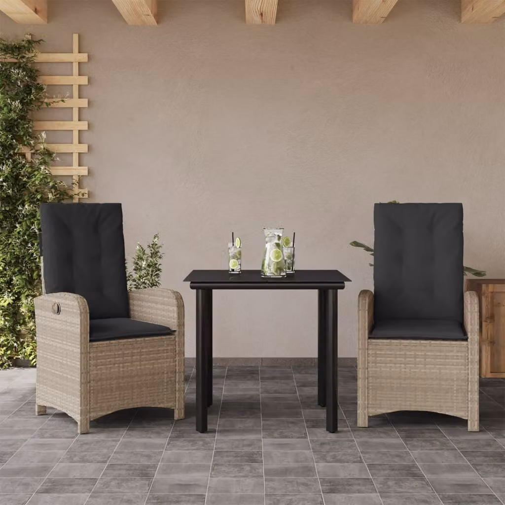Set Pranzo da Giardino 3pz vidaXL in Polyrattan con Cuscini Grigio Chiaro e Piano in Vetro – 1