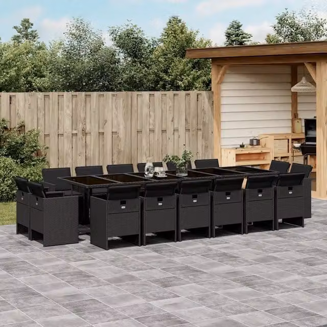 Set da pranzo da giardino vidaXL in polyrattan nero con 17 pezzi e piano in vetro – 1
