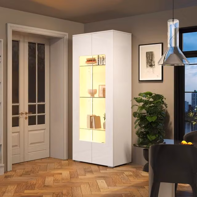 Vetrina da soggiorno moderna bianca con ante in vetro e illuminazione LED integrata, L: 70 cm, P: 40 cm, H: 173 cm