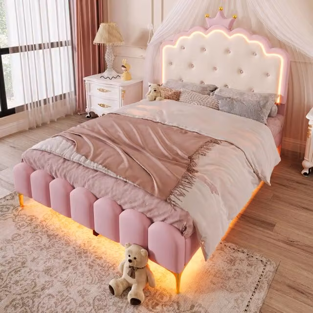 Letto per bambini OKWISH con testiera a corona e illuminazione LED regolabile tramite app, colore rosa, L/P/H: 200 x 140 x 129 cm