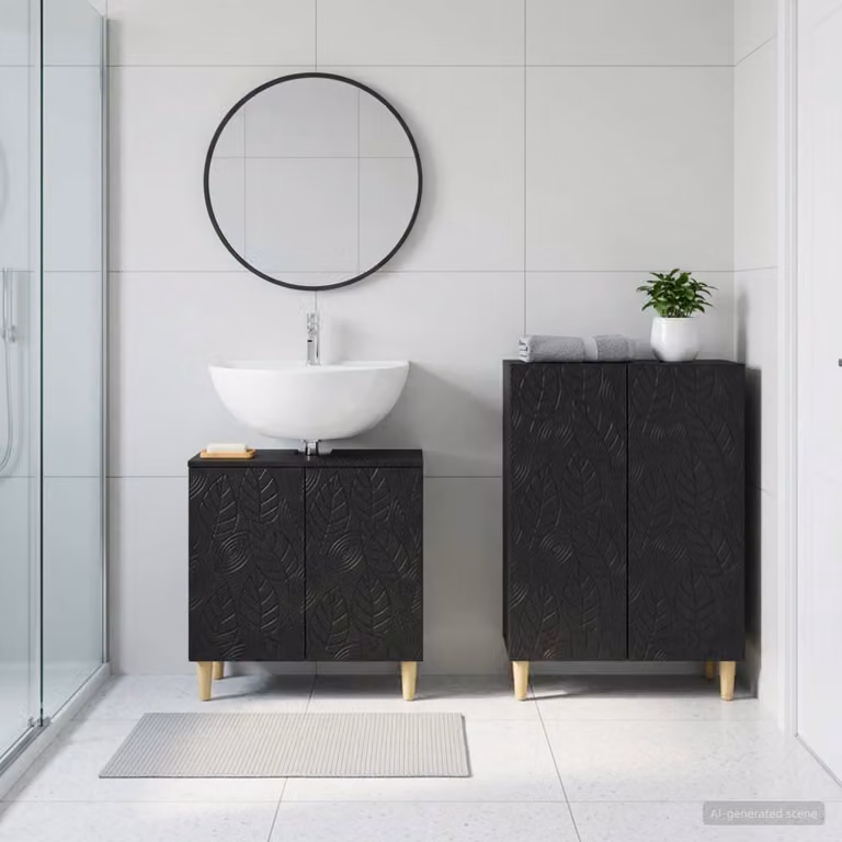 Set di mobili da bagno moderno vidaXL DELFT composto da 2 pezzi in legno nero opaco L/P/H: 59,5 x 31,5 x 76,7 cm e 59 x 29,08 x 59 cm