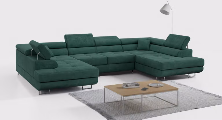 Divano ad angolo, divano per il soggiorno, divano imbottito con contenitore a letto - GUSTAW-U - Verde