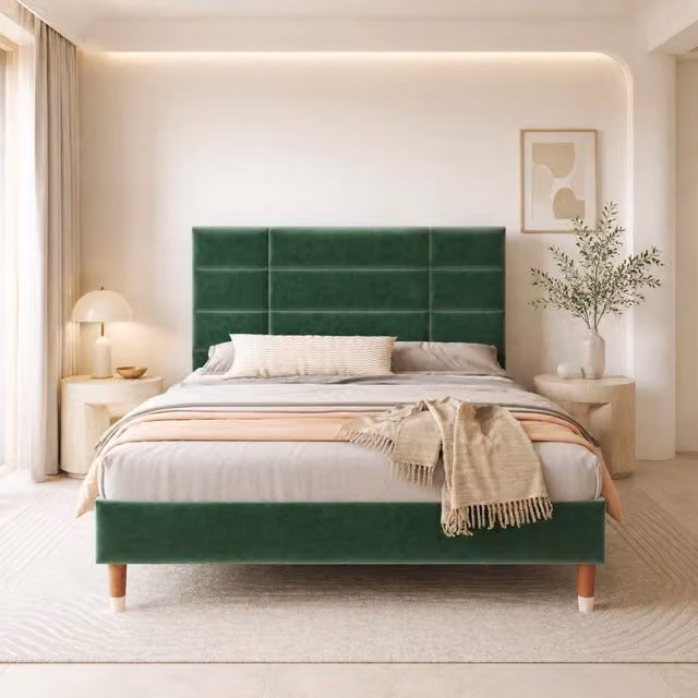 Letto matrimoniale imbottito 140x200 cm in velluto verde con rete a doghe