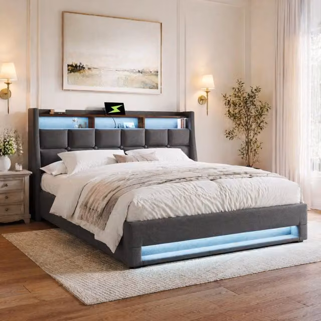 Letto imbottito 160x200 cm con LED, USB e contenitore, grigio