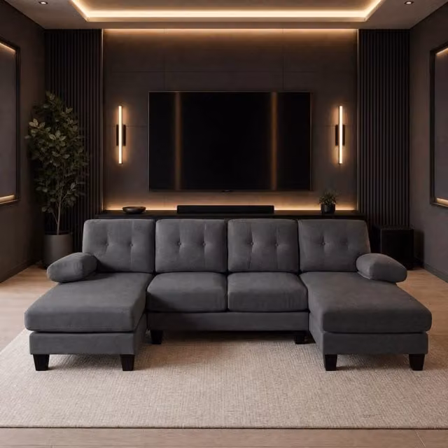 Divano panoramico a U Mivray grigio con doppia chaise longue e rivestimento in tessuto moderno