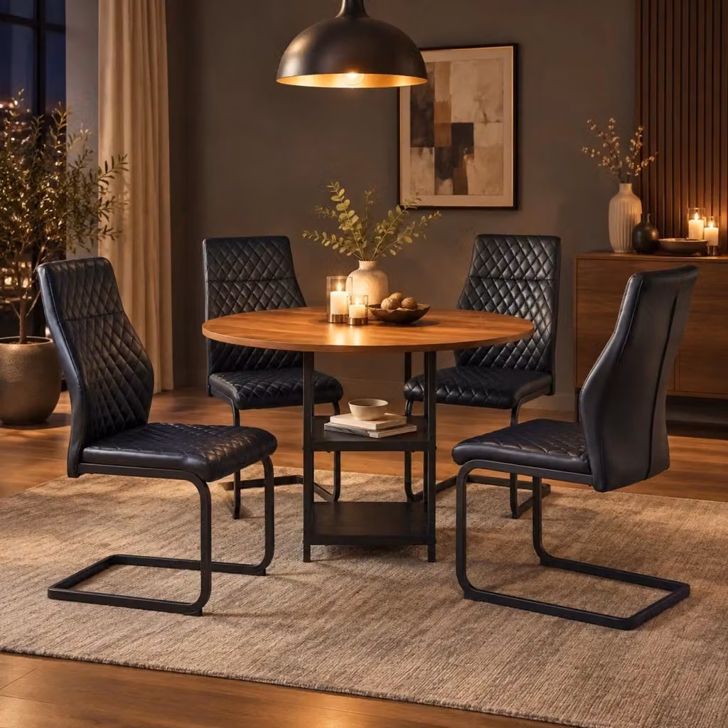 Set da pranzo MIVRAY composto da tavolo rotondo con ripiani in MDF effetto noce e 4 sedie nere in PU, Diametro: 120 cm, Altezza: 75 cm