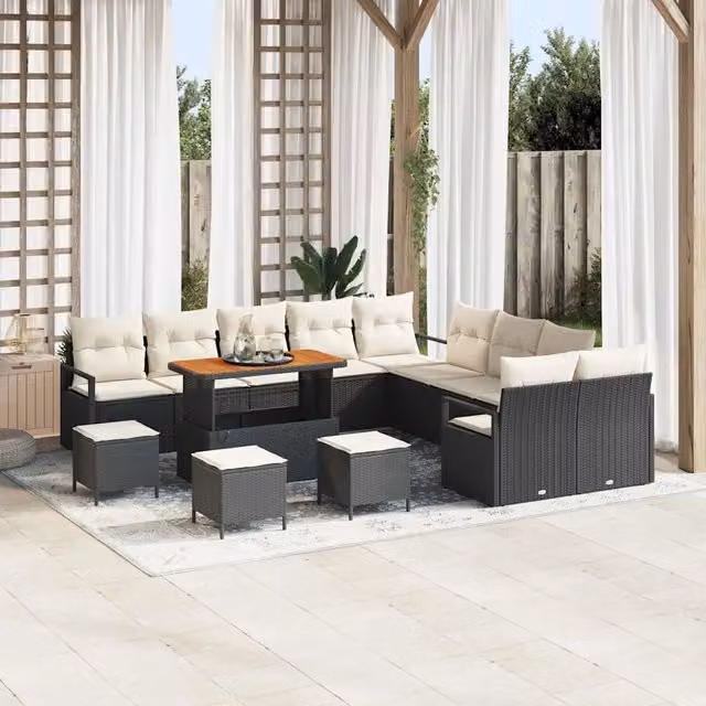 Set Divano da Giardino vidaXL a forma a U in Polyrattan Nero con Cuscini e Tavolino da Esterno – 1