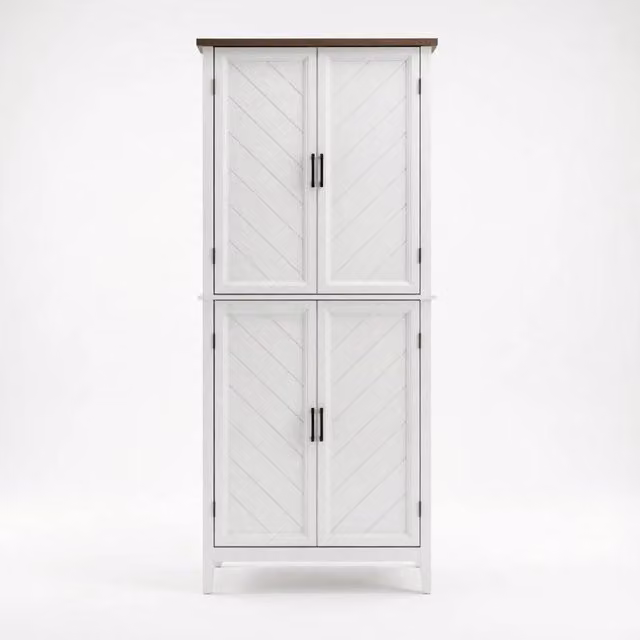 Buffet alto 6 livelli con 4 ante vetrate e 4 ripiani regolabili, MDF bianco e legno marrone, 76x40x178,5 cm