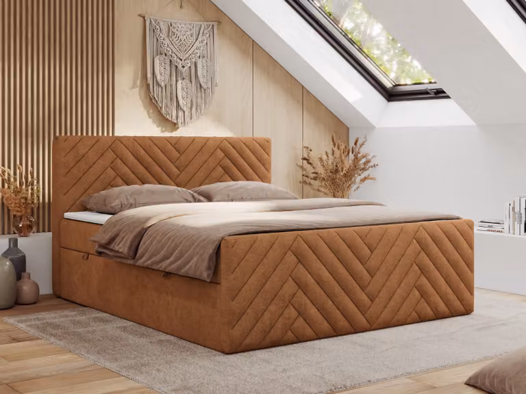 Letto boxspring MKS MEBLE 160x200 con contenitore e materasso H3 - Paris Duo - Arancione Strutturato