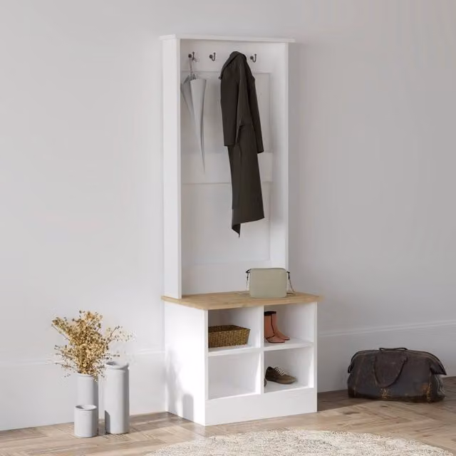DMORA Mobile da Ingresso Verderio con Ripiani e Ganci, Bianco e Rovere, L: 64 cm, P: 43 cm, H: 175 cm – 1