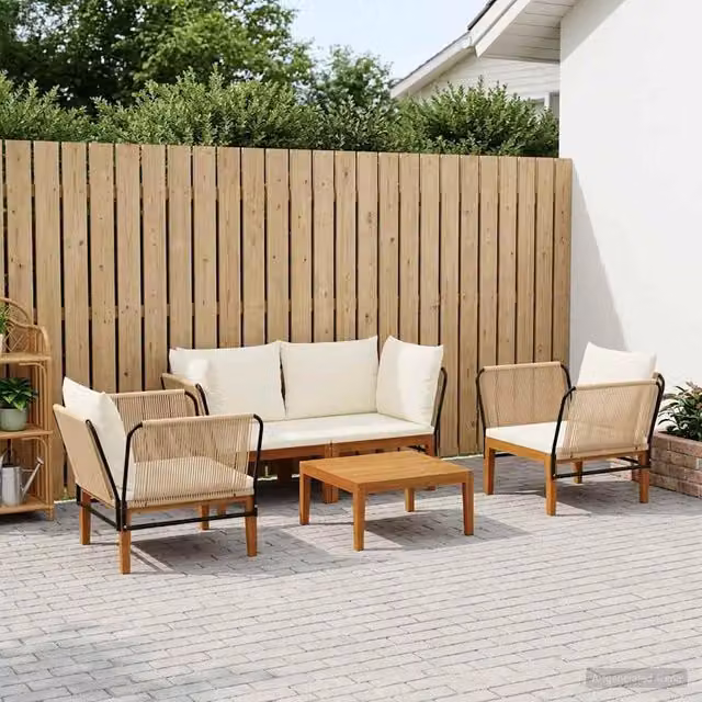 Set di 5 sedie da giardino vidaXL in legno di acacia e corda naturale beige e bianco – 1
