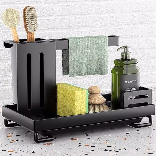 Organizzatore per spugne da cucina con vano portaoggetti e supporto per spazzole - Nero