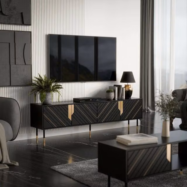 Mobile porta TV DMORA Seborga moderno in MDF nero e oro con 4 ripiani L: 204 cm, P: 40 cm, H: 55 cm – 1