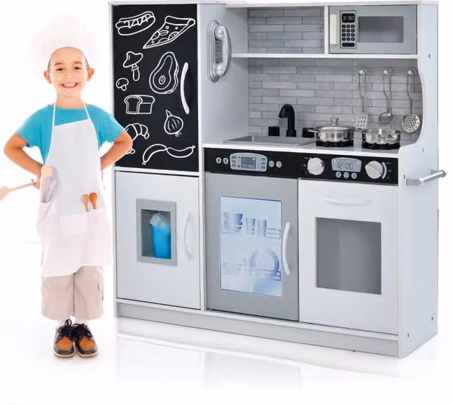 Set cucina giocattolo per bambini in legno bianco con lavagna, telefono, microonde e fabbricatore di ghiaccio – 1