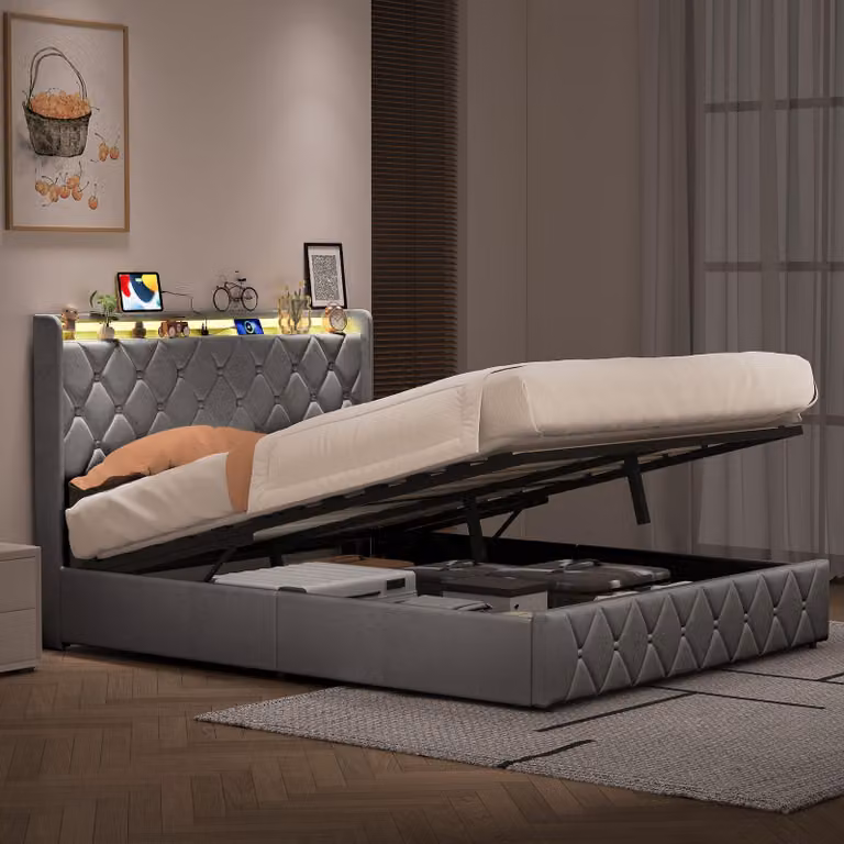 Letto matrimoniale ProximaX, dimensioni 160x200 cm, color grigio scuro, rivestito in velluto, con testiera illuminata a LED e porta USB-C