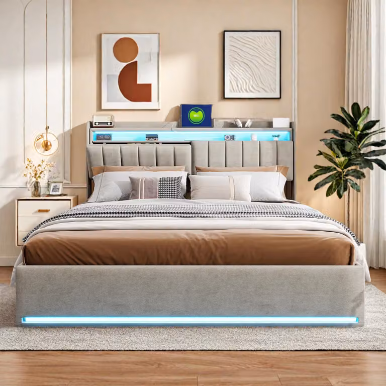 Letto imbottito Fortuna Lai 140x200 cm con illuminazione a LED e connessione USB, letto idraulico con ripiani a giorno e contenitore nascosto, letto matrimoniale con rete a doghe, letto imbottito in velluto per 2 persone