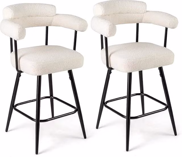 Set di 2 Sgabelli da Bar Girevoli Costway in Boucle con Braccioli e Poggiapiedi, Bianco – 1