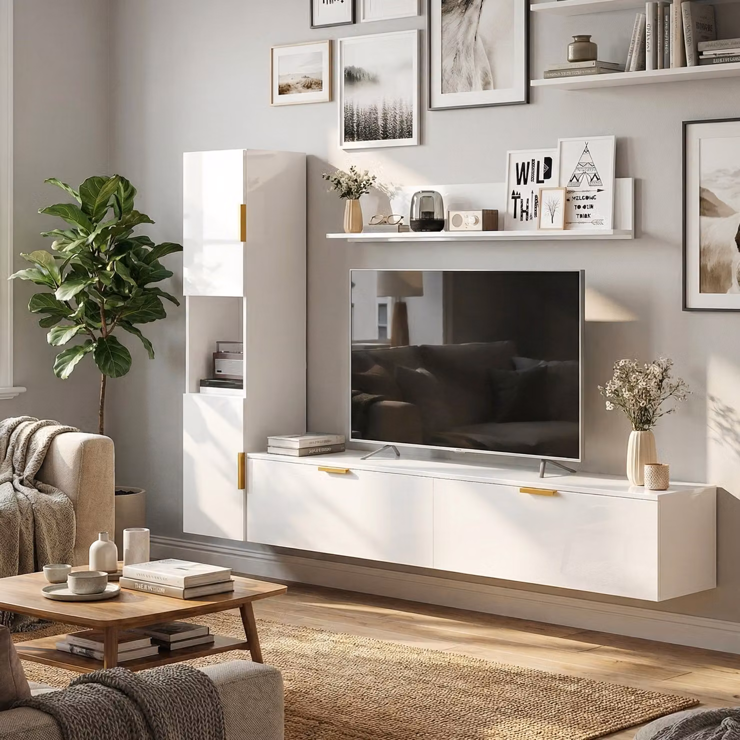 Mobile TV sospeso HOMCOM con ante a ribalta, armadio e mensola a parete per soggiorno, Bianco lucido, 180 cm – 2