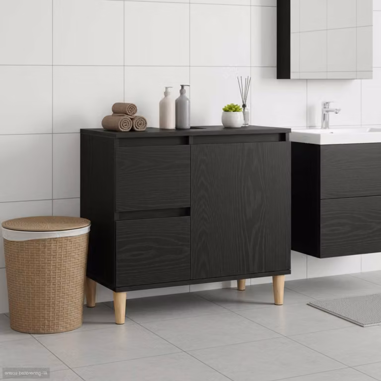 Mobile da bagno moderno vidaXL in legno nero e rovere con ante a battente e ripiani interni L: 65 cm, P: 33 cm, H: 60 cm