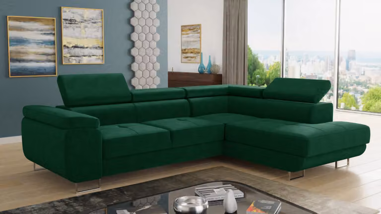 Divano angolare Caris con funzione letto e poggiatesta regolabili, salotto componibile, divano letto, divano letto, divano, divano (verde (Kronos 19), divano angolare destro)