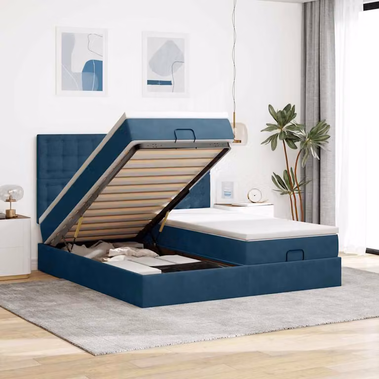 Letto con contenitore a sollevamento vidaXL in velluto blu e bianco con porte USB e illuminazione sottostante L/P/H: 203 x 180 x 128 cm