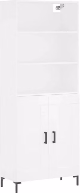 Buffet credenza moderna con ante a battente e ripiani interni in legno ingegnerizzato e metallo, colore bianco opaco, H: 180 cm, L: 69,5 cm, P: 34 cm
