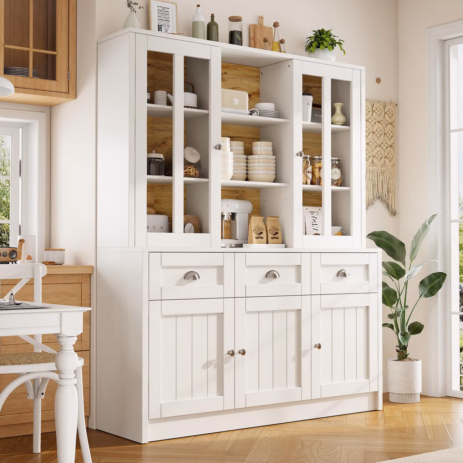 okwish Vetrina moderna con cassetti, mobile da cucina a ripiani alti con antiribalta, buffet per cucina, soggiorno e sala da pranzo