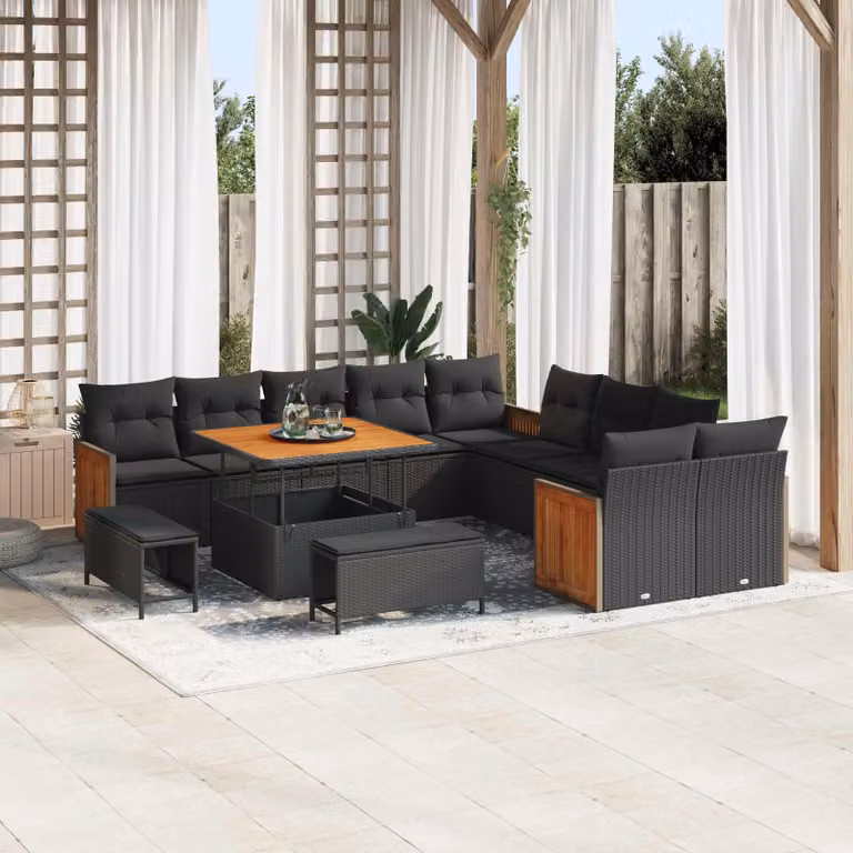 Set Divano da Giardino vidaXL 13 Pezzi a Forma di U con Cuscini e Tavolino Nero