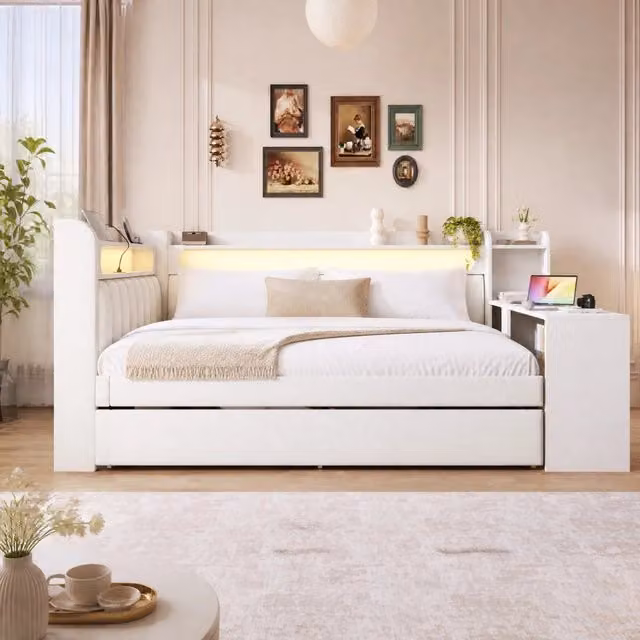 Letto da giorno ULEVR 140x200 cm con letto estraibile 90x190, scrivania, LED a 7 colori e porta USB, bianco