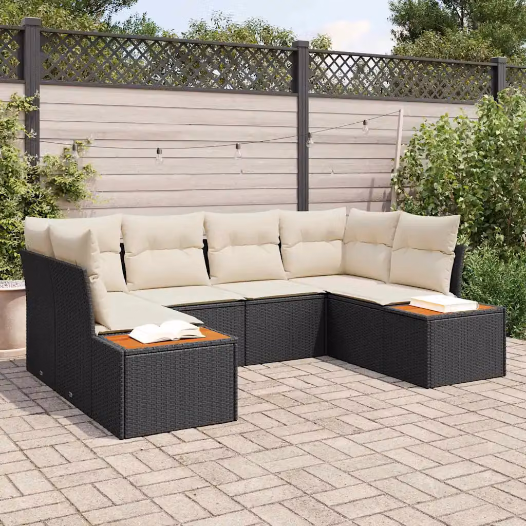 Set Divano da Giardino a L vidaXL 6 posti con Tavolino Nero e Beige – 1