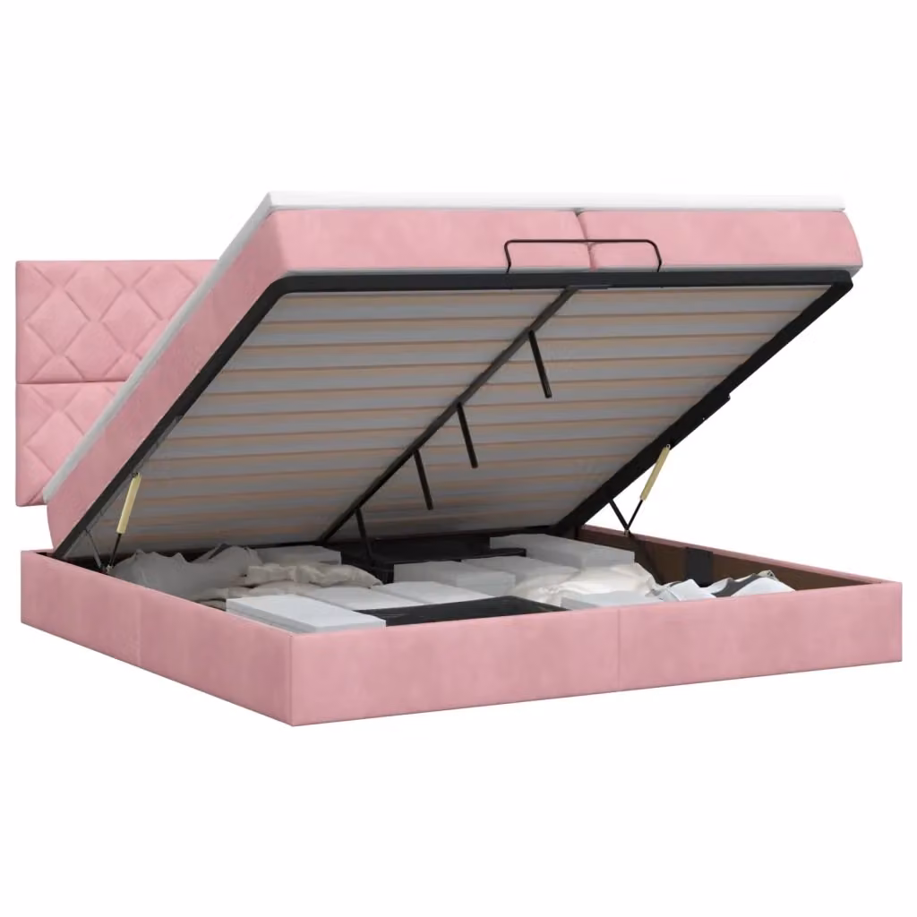 Letto ottomano moderno vidaXL in velluto rosa e bianco con contenitore a sollevamento e materasso a molle L/P/H: 203 x 200 x 88 cm – 2