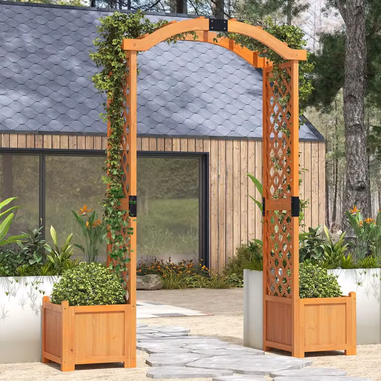 Pergolato da giardino Costway in legno con fioriere e graticcio arcuato per piante rampicanti, Giallo, Altezza: 201 cm