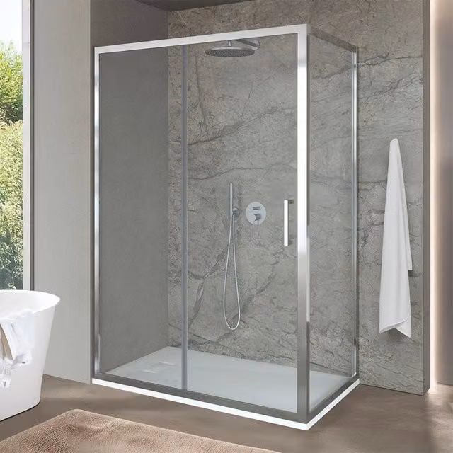 Box doccia angolare INBAGNO con porta scorrevole in vetro trasparente, L: 150 cm, P: 70 cm, H: 200 cm – 1