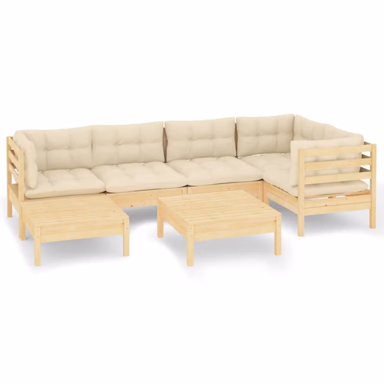 Set Divani da Giardino 7 pz con Cuscini Crema in Massello di Pino