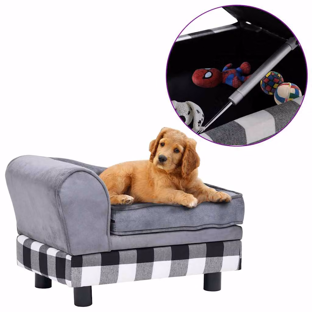 Divano per cani vidaXL in velluto grigio con base in legno e fodera rimovibile L/P/H: 57 x 34 x 36 cm