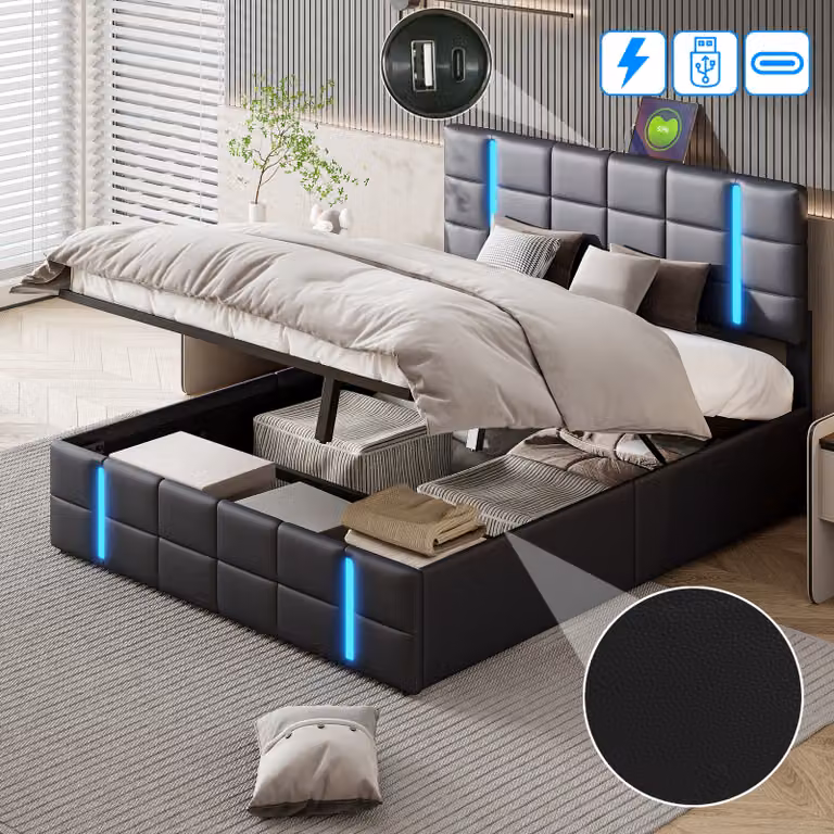 Letto imbottito UnboxG 160x200cm con funzione di ricarica (USB&Typ-c), letto giovanile letto matrimoniale letto contenitore con LED, letto a molle idrauliche,Poliuretanonero
