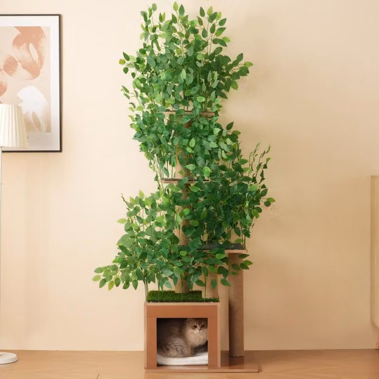 Tiragraffi a forma di albero con 4 piattaforme e fori per gatti - materiale pet-safe, foglie rimovibili, adatto ai gatti per nascondersi e arrampicarsi 190 cm